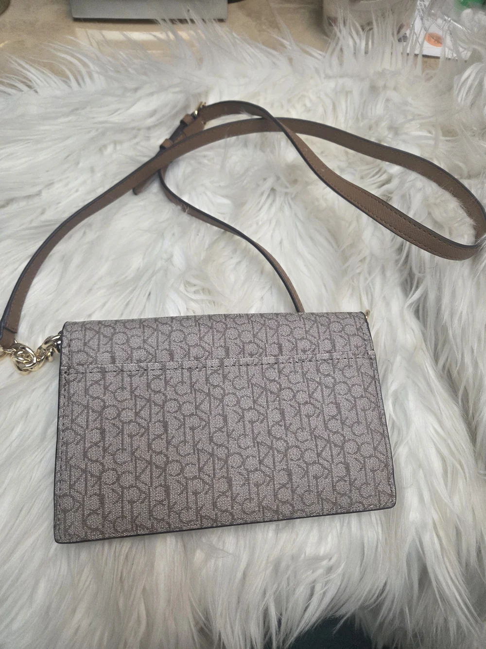 Calvin Klein Taupe Monogram Crossbody with Gold Accents